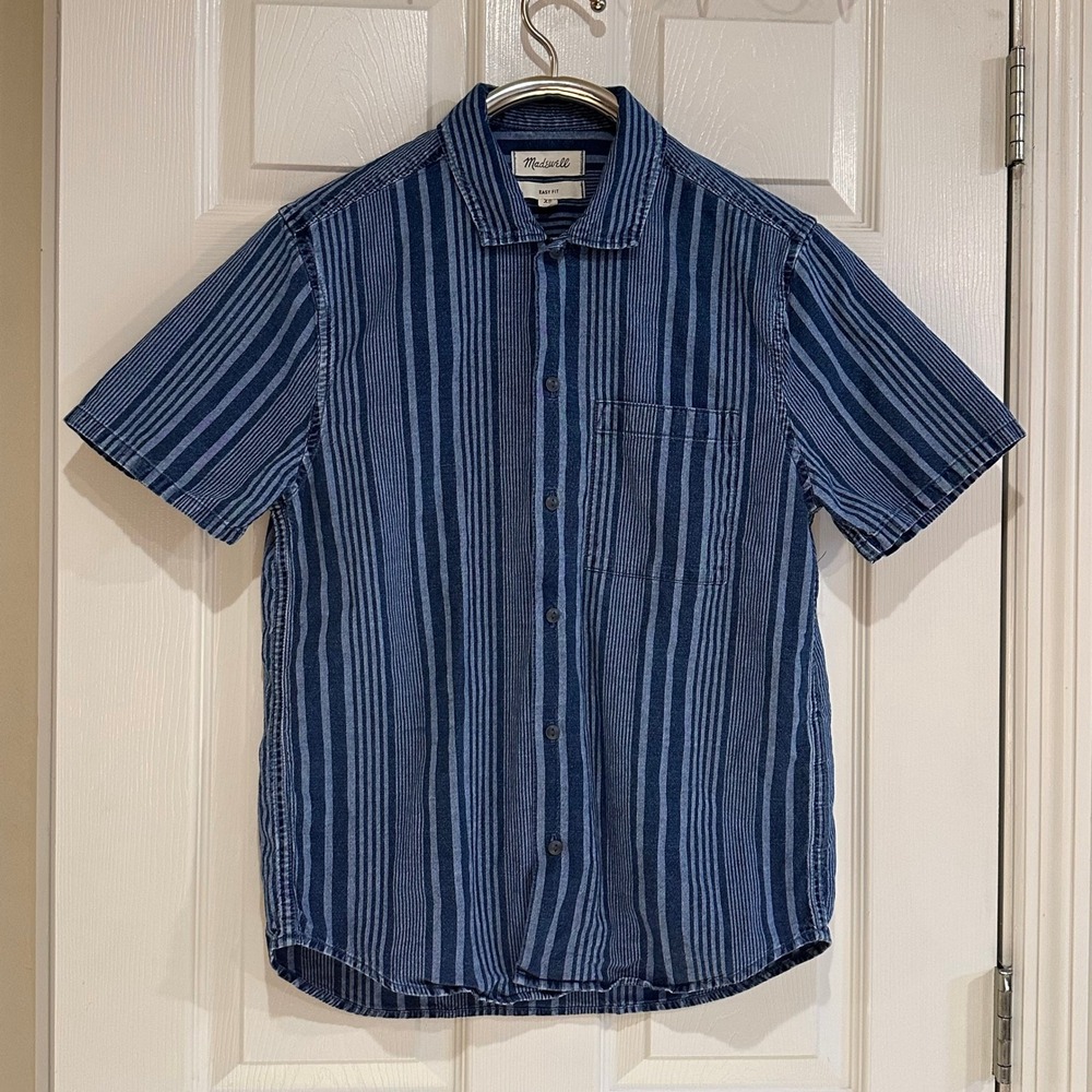 Madewell Mens Easy Fit Short Sleeve Button‎ Down Shirt Blue Striped XS